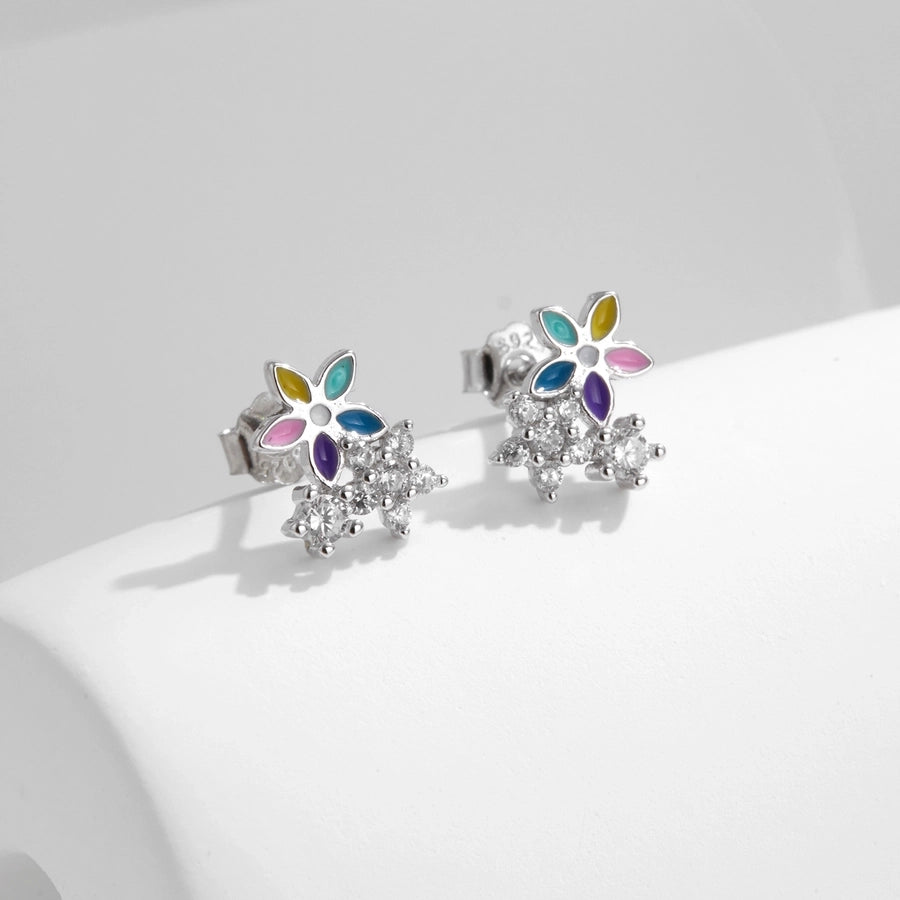 1 Pair Rhodium Plated 925 Sterling Silver Zircon 925 Sterling Silver Earrings Flower Ear Studs