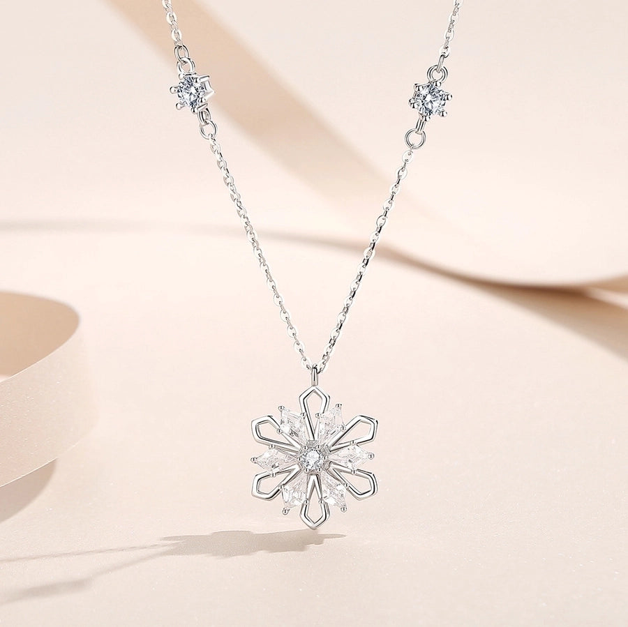 925 Sterling Silver Zircon cable chain Inlay Snowflake Pendant Necklace