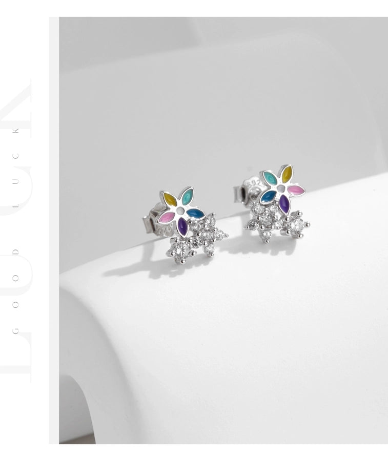 1 Pair Rhodium Plated 925 Sterling Silver Zircon 925 Sterling Silver Earrings Flower Ear Studs