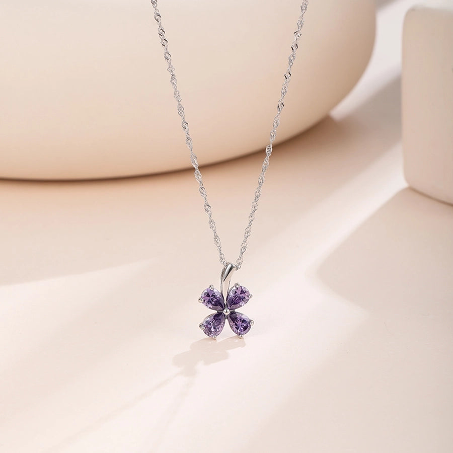 925 Sterling Silver Zircon  Polishing Inlay Flower Pendant Necklace