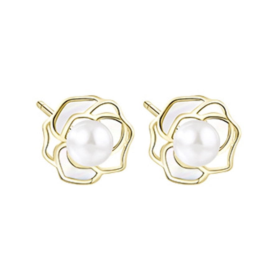 1 Pair 18K Gold Plated White Gold Plated 925 Sterling Silver Pearl Shell 925 Sterling Silver Earrings Geometric Flower Ear Studs