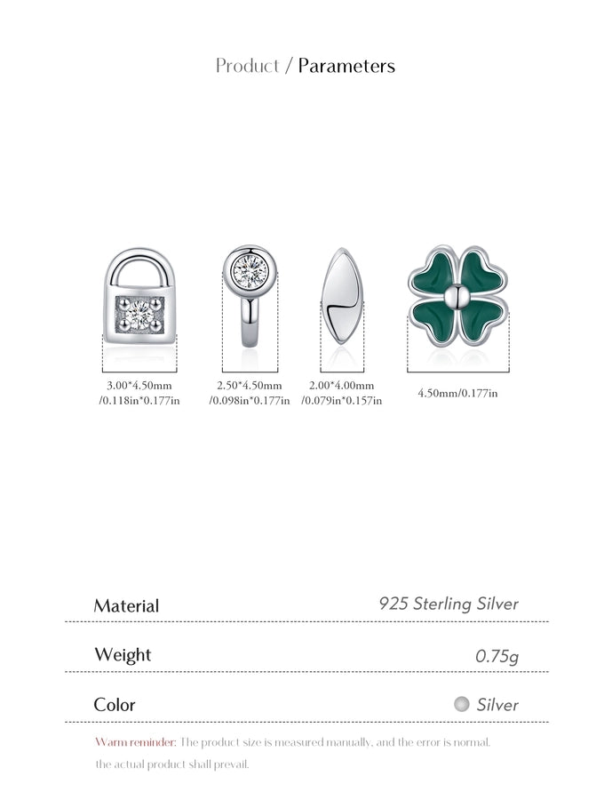 4 Pieces Rhodium Plated 925 Sterling Silver Zircon 925 Sterling Silver Earrings Four Leaf Clover Key Lock Ear Studs