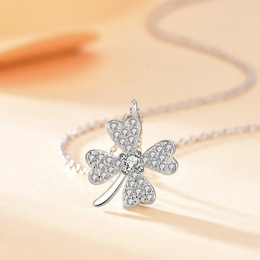 925 Sterling Silver Zircon cable chain Inlay Four Leaf Clover Pendant Necklace