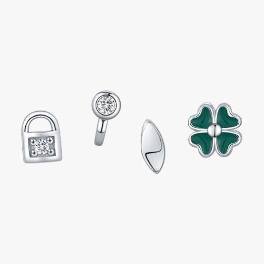 4 Pieces Rhodium Plated 925 Sterling Silver Zircon 925 Sterling Silver Earrings Four Leaf Clover Key Lock Ear Studs