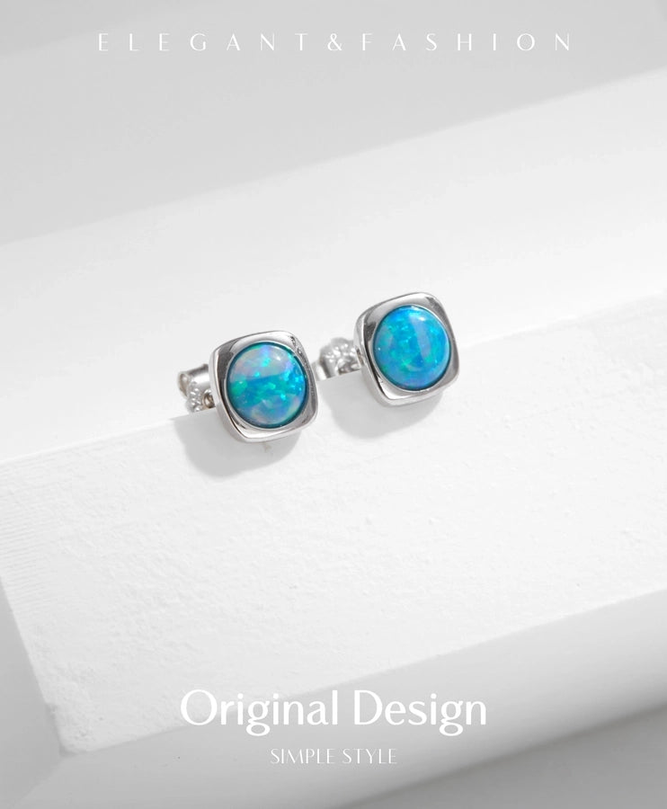 1 Pair Rhodium Plated 925 Sterling Silver Opal 925 Sterling Silver Earrings Geometric Ear Studs