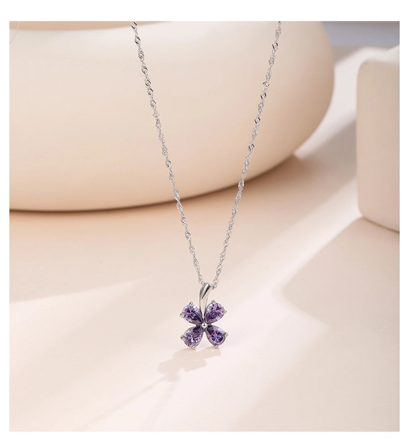 925 Sterling Silver Zircon  Polishing Inlay Flower Pendant Necklace