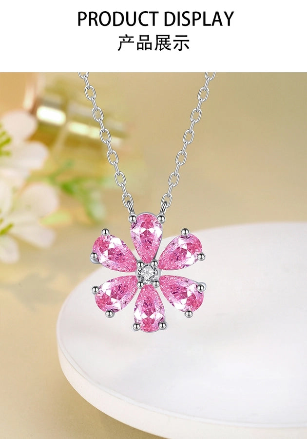 925 Sterling Silver Zircon cable chain Flower Pendant Necklace