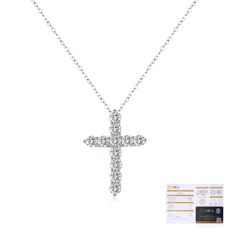 2.2 Karat VVS1-VVS2 Round Brilliant Cut 925 Sterling Silver 925 Sterling Silver Rack Plated Moissanite cable chain Inlay Cross Moissanite GRA Certificate Pendant Necklace