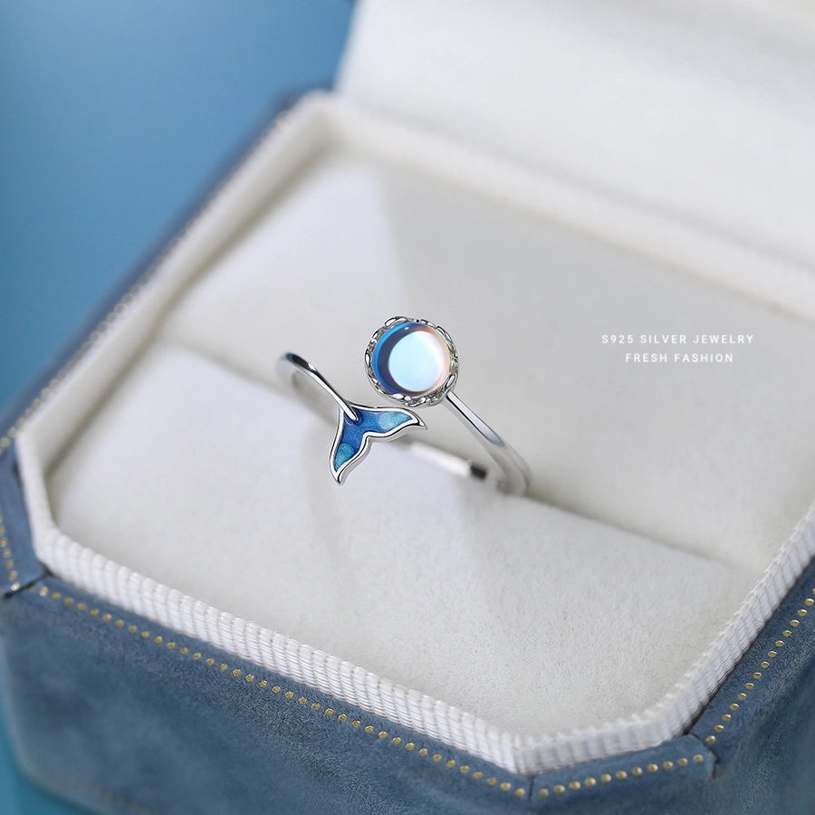 925 Sterling Silver Artificial Moonstone Sea Wave Fish Tail Whale Open Rings 925 Sterling Silver Rings