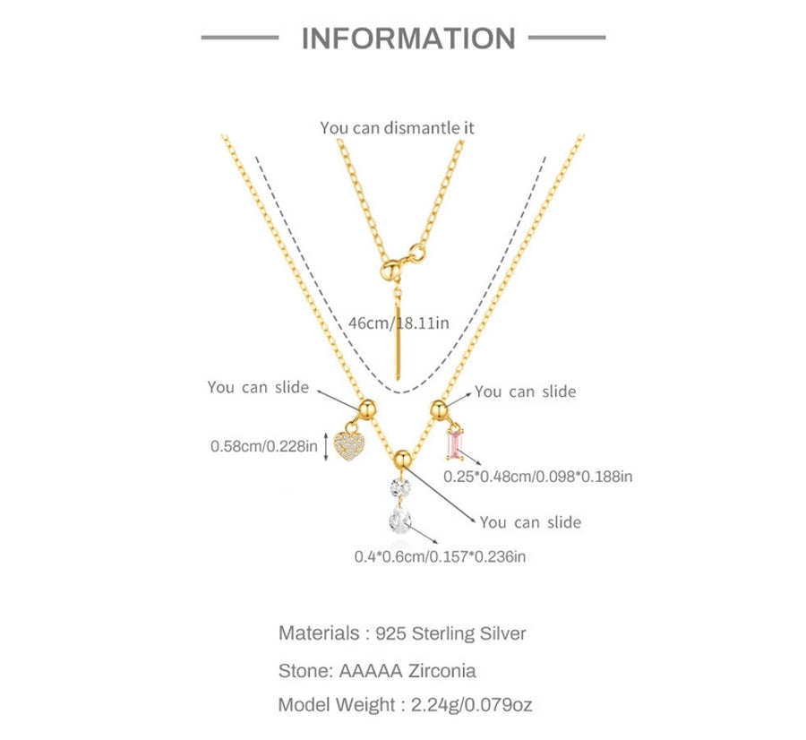 925 Sterling Silver Zircon cable chain Plating Geometric Heart Shape Multi Charms Necklace