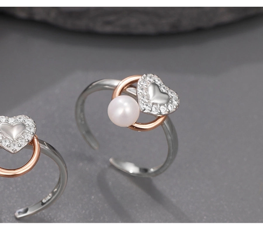 Rose Gold Plated White Gold Plated 925 Sterling Silver Pearl Zircon Heart Shape Open Rings 925 Sterling Silver Rings