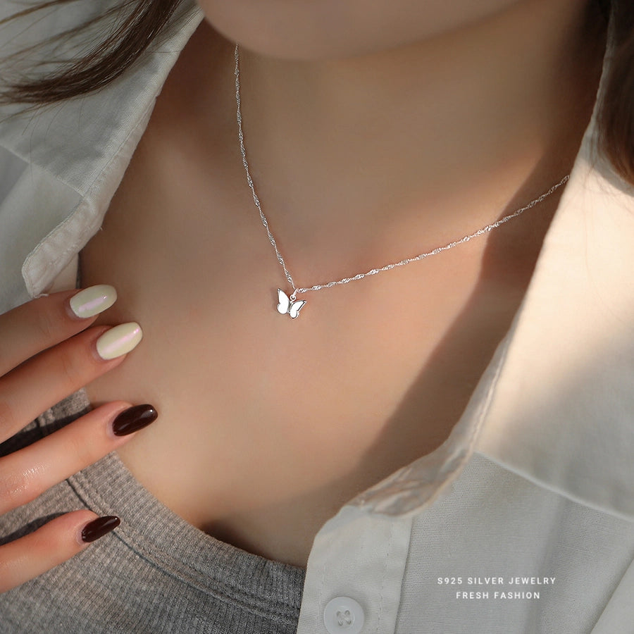 925 Sterling Silver Singapore chain Plating Butterfly Pendant Necklace