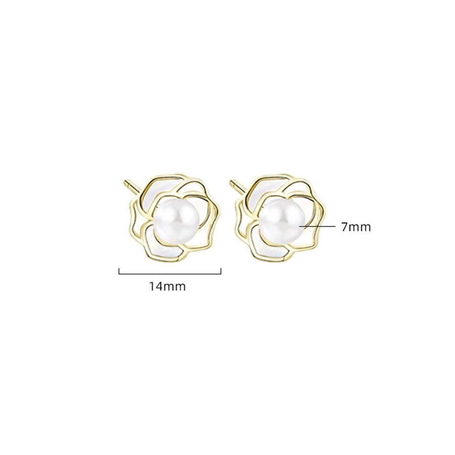 1 Pair 18K Gold Plated White Gold Plated 925 Sterling Silver Pearl Shell 925 Sterling Silver Earrings Geometric Flower Ear Studs