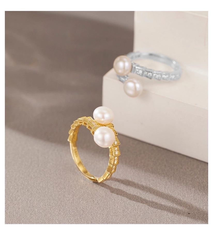 18K Gold Plated White Gold Plated 925 Sterling Silver Pearl Zircon Geometric Rings 925 Sterling Silver Rings