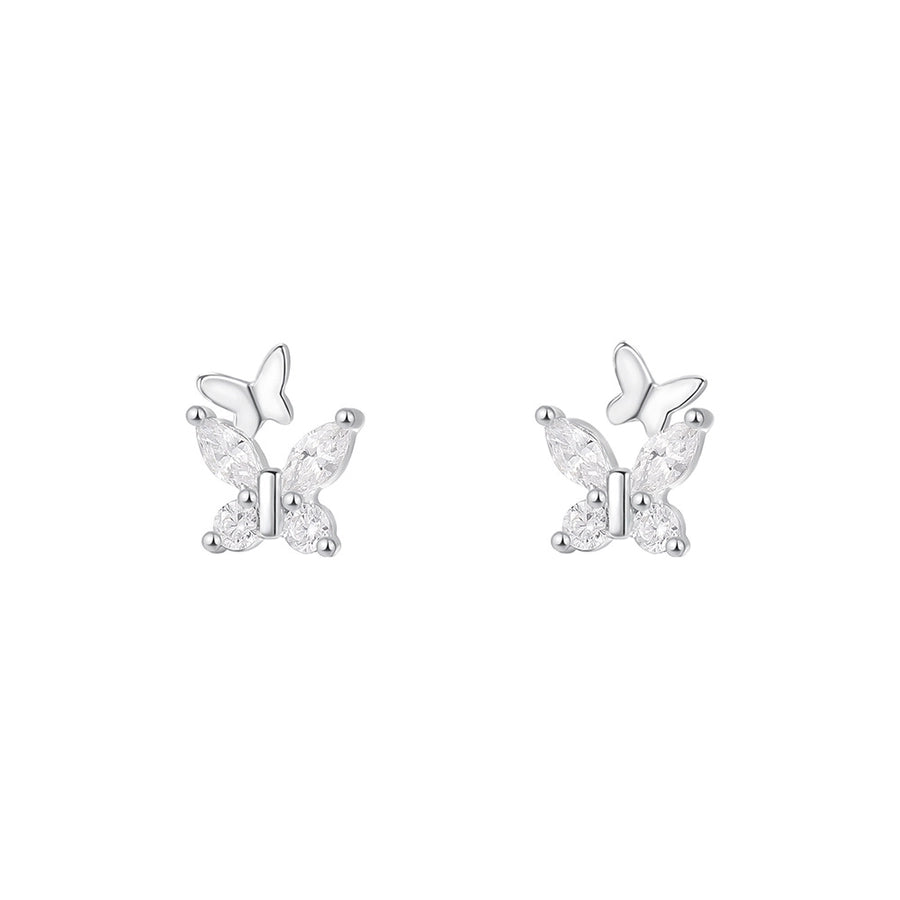 1 Pair S999 Silver Zircon 925 Sterling Silver Earrings Butterfly Ear Studs