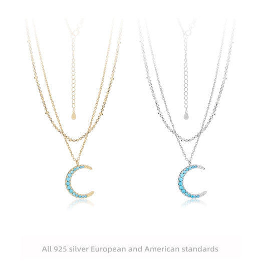 925 Sterling Silver 925 Sterling Silver Rack Plated Plated Long-Lasting Plated Zircon cable chain Inlay Moon Double Layer Necklaces