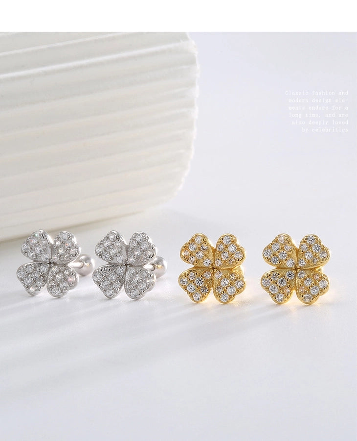 1 Pair 925 Sterling Silver Zircon 925 Sterling Silver Earrings Four Leaf Clover Ear Studs