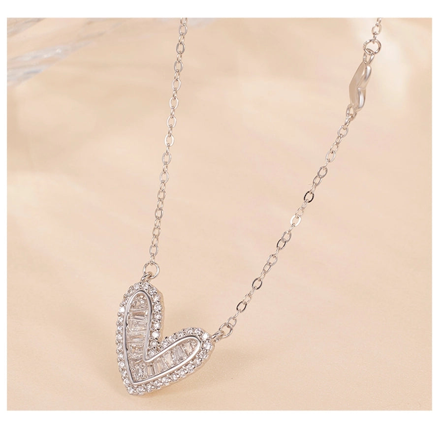 925 Sterling Silver Long-Lasting Plated Zircon cable chain Polishing Heart Shape Pendant Necklace