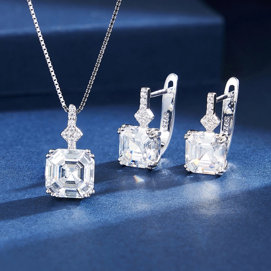 1 Set Luxury 925 Sterling Silver High Quality Zircon Necklace and Earrings Suit Inlaid Shiny Square Cut 5A Square Crystal Zircon Elegant Jewelry Suitable for Women to Wear on Date/Wedding/Engagement/Anniversary/Valentine's Day