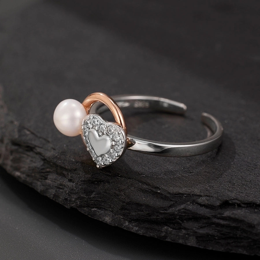 Rose Gold Plated White Gold Plated 925 Sterling Silver Pearl Zircon Heart Shape Open Rings 925 Sterling Silver Rings