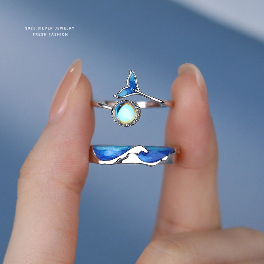 925 Sterling Silver Artificial Moonstone Sea Wave Fish Tail Whale Open Rings 925 Sterling Silver Rings