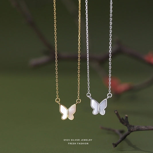 925 Sterling Silver White shell cable chain Plating Butterfly Pendant Necklace