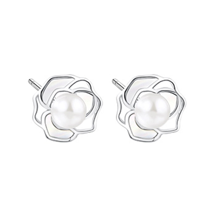 1 Pair 18K Gold Plated White Gold Plated 925 Sterling Silver Pearl Shell 925 Sterling Silver Earrings Geometric Flower Ear Studs