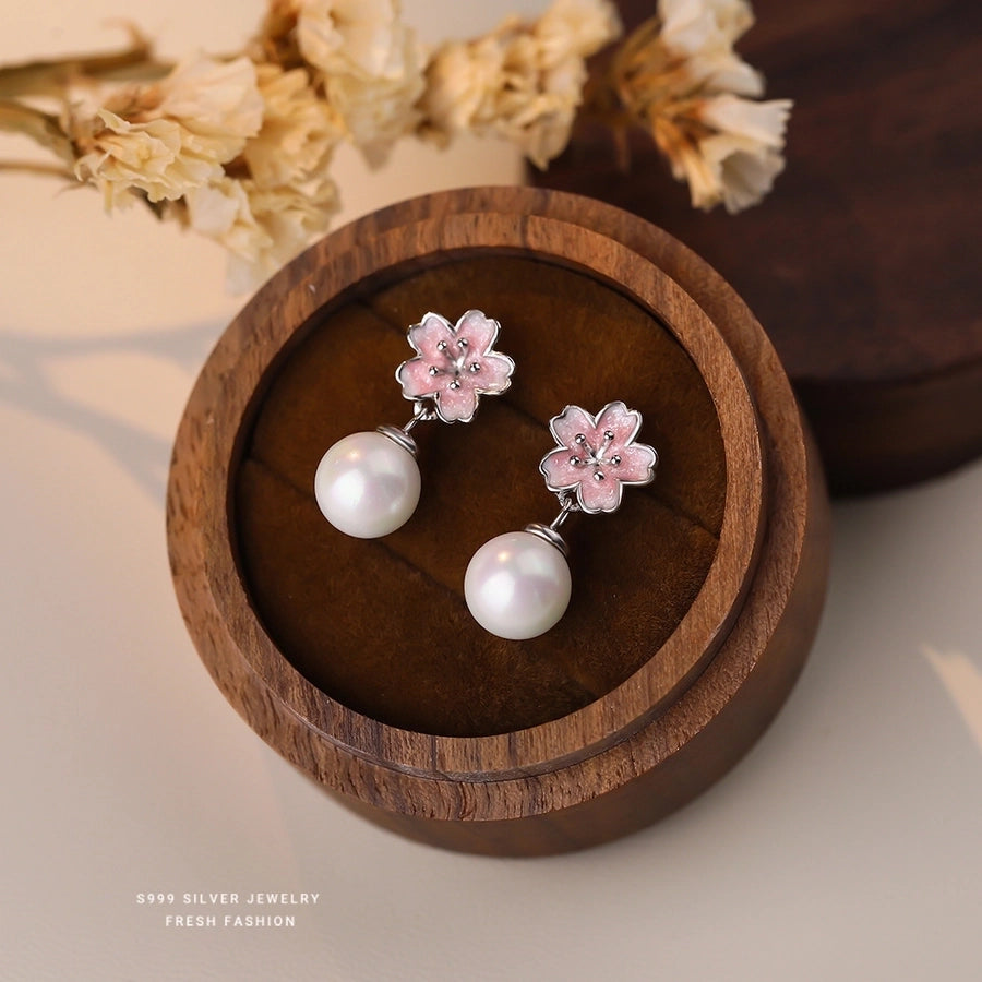 1 Pair S999 Silver Artificial Pearls Glass Bead 925 Sterling Silver Earrings Cherry Blossom Flower Drop Earrings