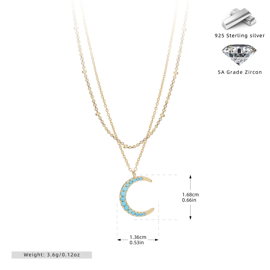 925 Sterling Silver 925 Sterling Silver Rack Plated Plated Long-Lasting Plated Zircon cable chain Inlay Moon Double Layer Necklaces