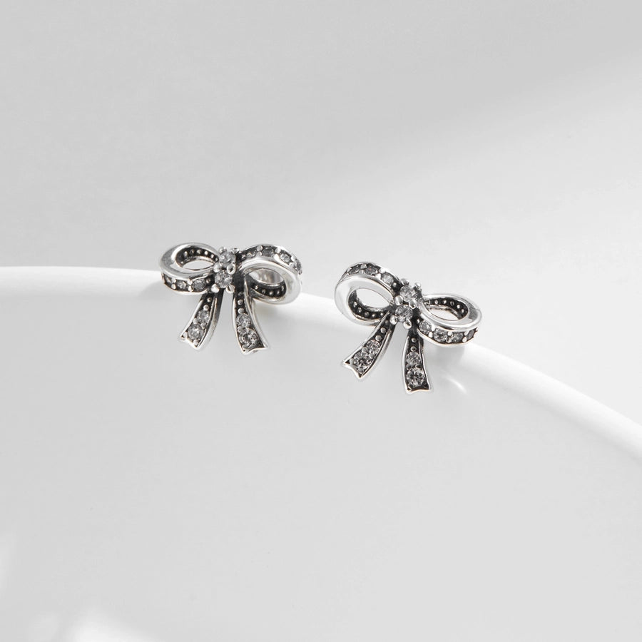 1 Pair Rhodium Plated 925 Sterling Silver Zircon 925 Sterling Silver Earrings Bow Knot Ear Studs