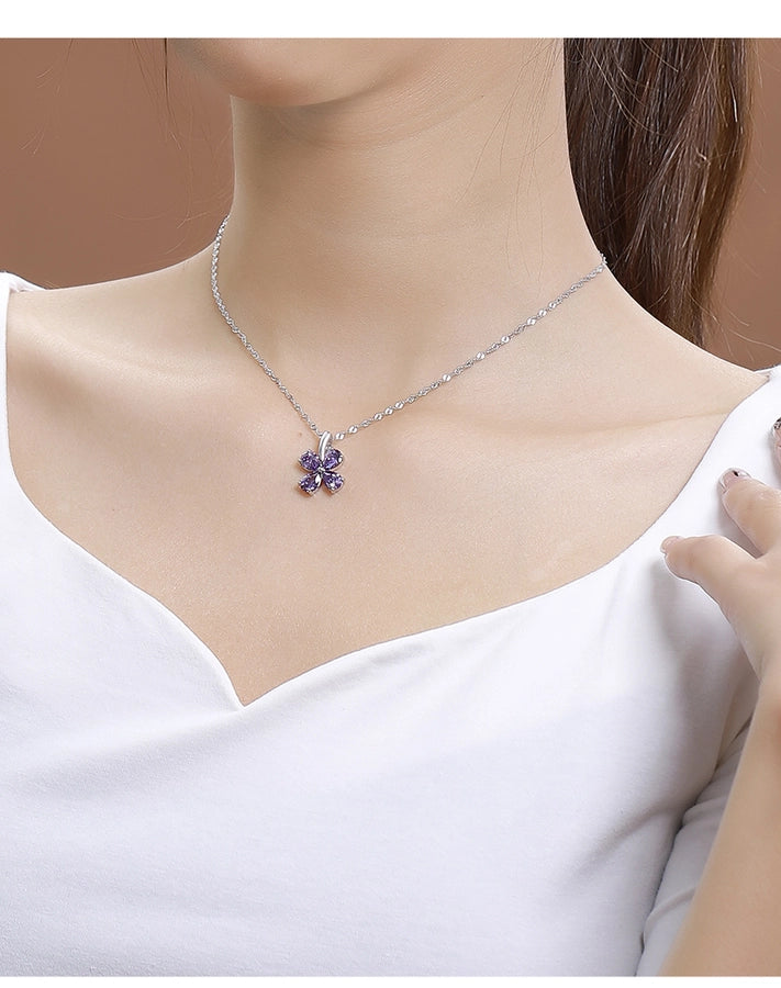 925 Sterling Silver Zircon  Polishing Inlay Flower Pendant Necklace