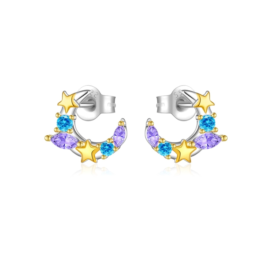 1 Pair 18K Gold Plated White Gold Plated 925 Sterling Silver Zircon 925 Sterling Silver Earrings Star Moon Ear Studs