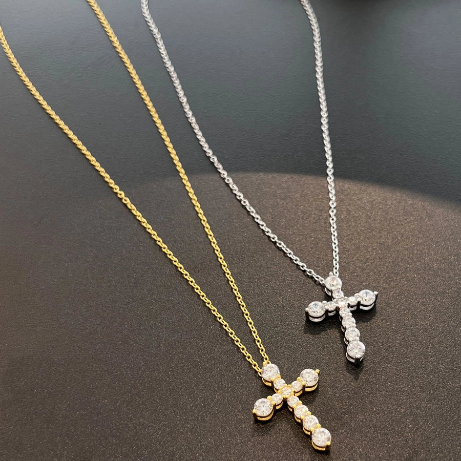 925 Sterling Silver Zircon cable chain Plating Cross Pendant Necklace