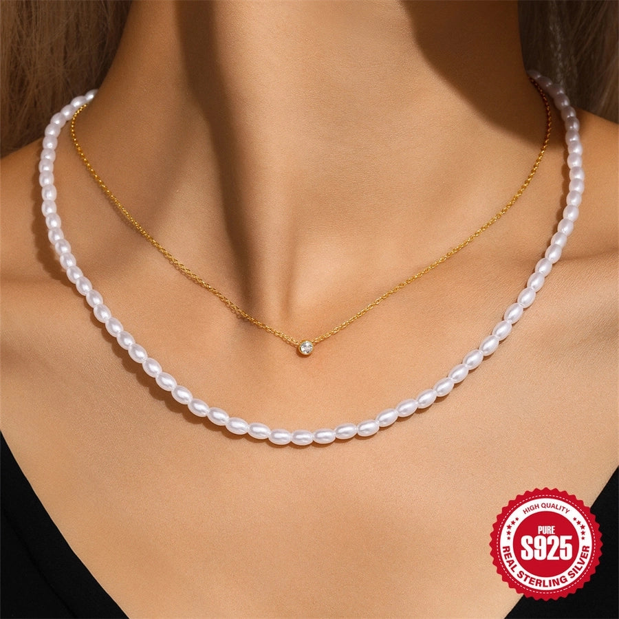 925 Sterling Silver Plastic Beads Zircon Beaded Chain cable chain Plating Geometric Double Layer Necklaces