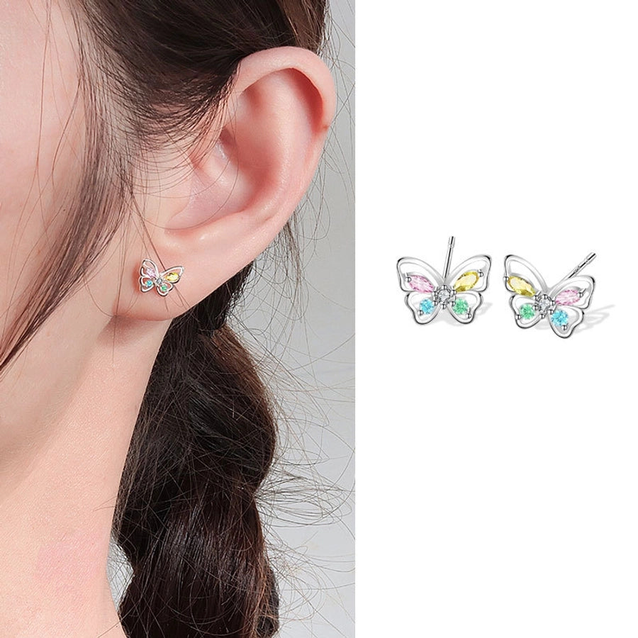 925 Sterling Silver Flash Colorful Crystals Butterfly Studs Female Sweet  Cute and Compact Mini Colored Gems Eardrops Earrings Generation Hair