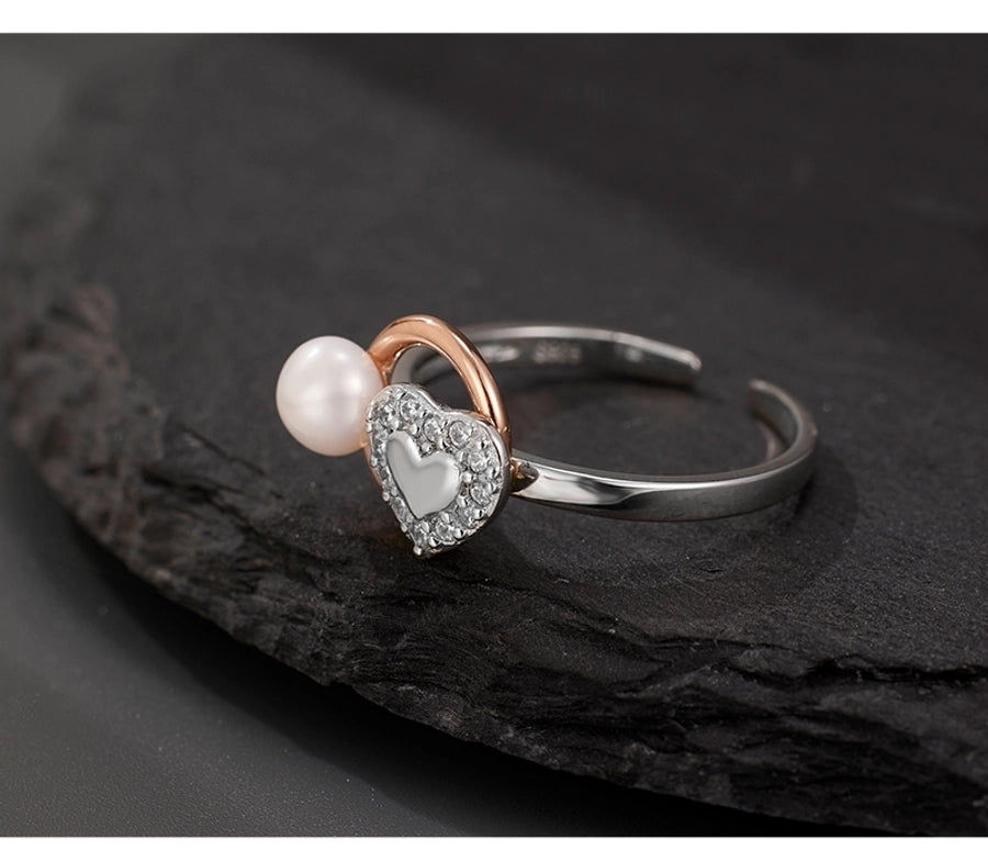 Rose Gold Plated White Gold Plated 925 Sterling Silver Pearl Zircon Heart Shape Open Rings 925 Sterling Silver Rings