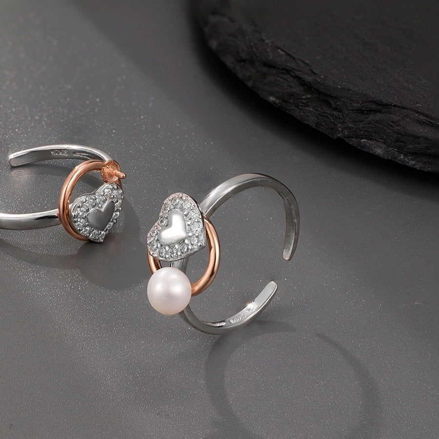 Rose Gold Plated White Gold Plated 925 Sterling Silver Pearl Zircon Heart Shape Open Rings 925 Sterling Silver Rings