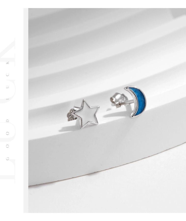 1 Pair Rhodium Plated 925 Sterling Silver 925 Sterling Silver Earrings Star Moon Ear Studs