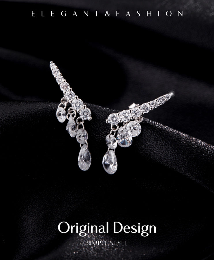 1 Pair Rhodium Plated 925 Sterling Silver Zircon 925 Sterling Silver Earrings Water Droplets Ear Studs