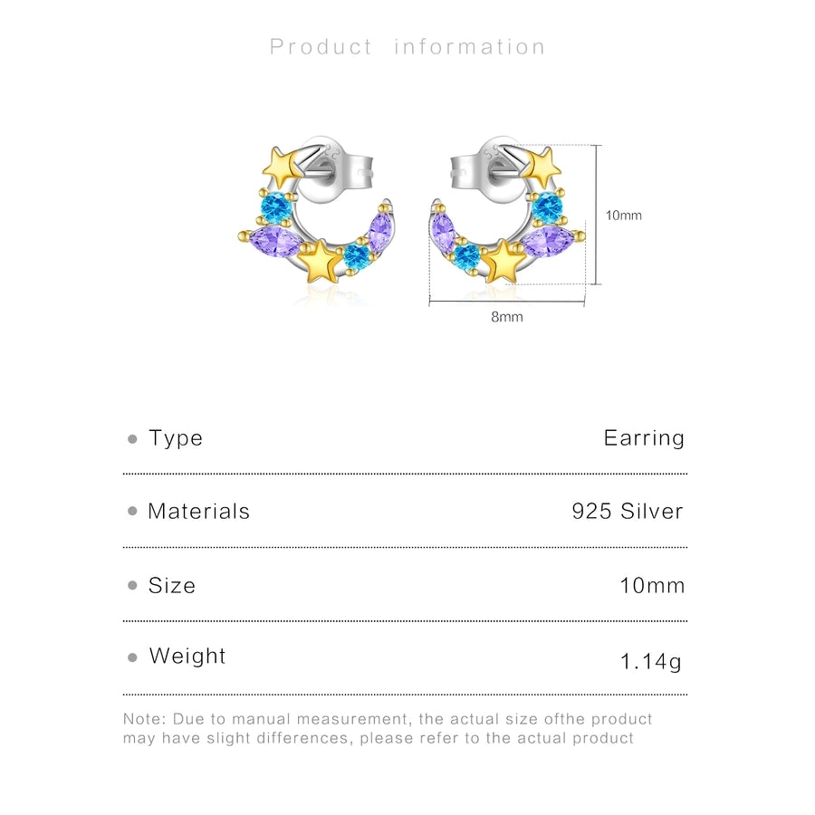 1 Pair 18K Gold Plated White Gold Plated 925 Sterling Silver Zircon 925 Sterling Silver Earrings Star Moon Ear Studs