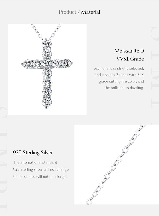 2.2 Karat VVS1-VVS2 Round Brilliant Cut 925 Sterling Silver 925 Sterling Silver Rack Plated Moissanite cable chain Inlay Cross Moissanite GRA Certificate Pendant Necklace