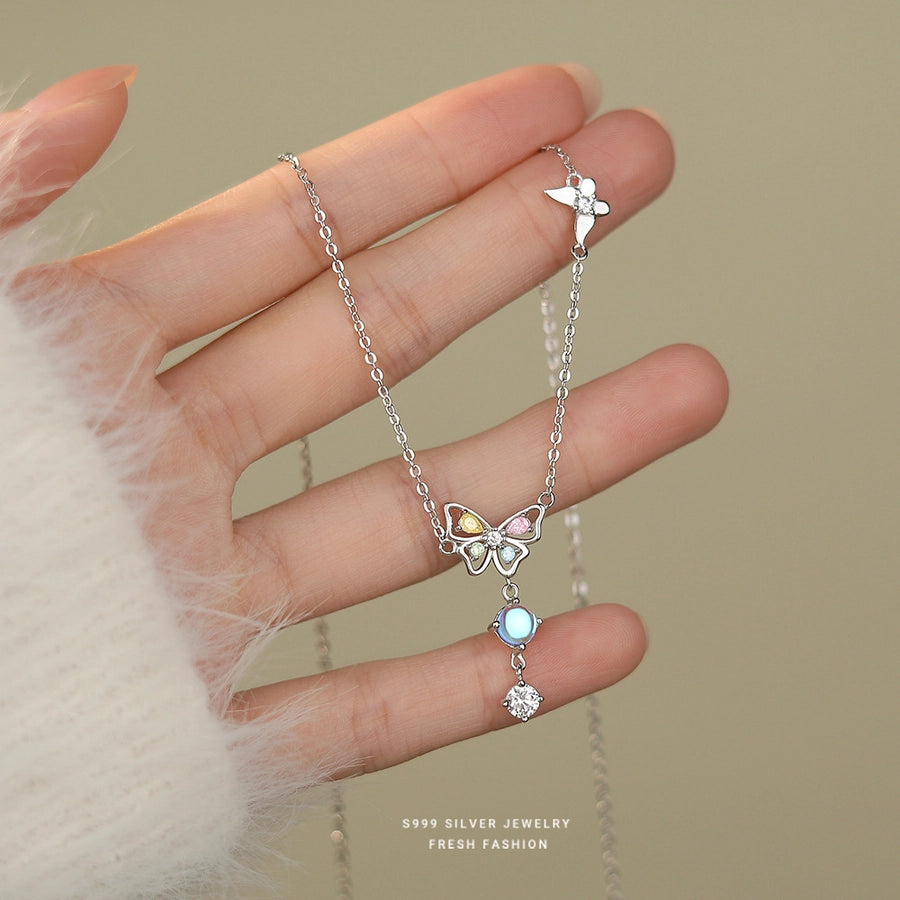 S999 Silver Artificial Moonstone Zircon cable chain Plating Butterfly Pendant Necklace