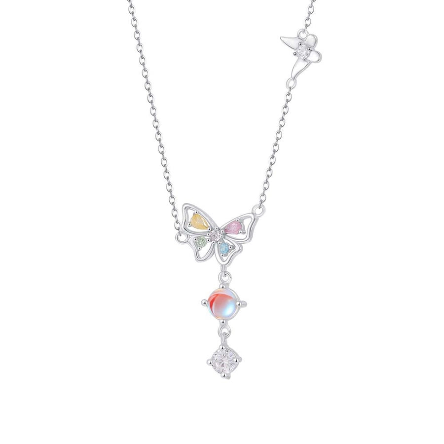 S999 Silver Artificial Moonstone Zircon cable chain Plating Butterfly Pendant Necklace