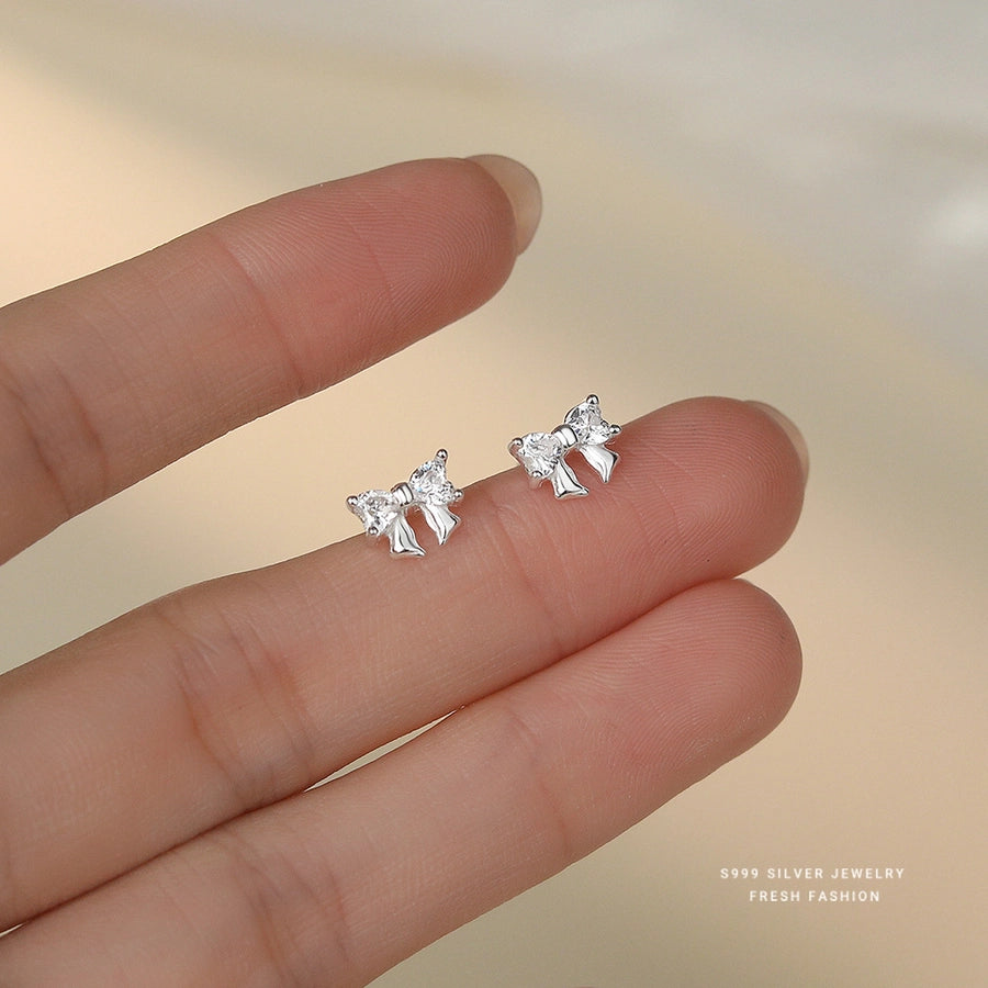 1 Pair S999 Silver Zircon 925 Sterling Silver Earrings Bow Knot Ear Studs