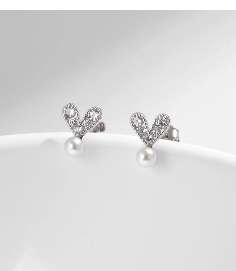 1 Pair Rhodium Plated 925 Sterling Silver Pearl Zircon 925 Sterling Silver Earrings Heart Shape Ear Studs