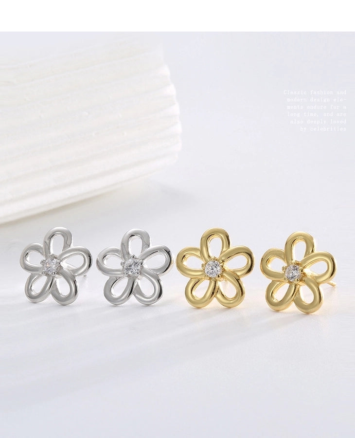 1 Pair 14K Gold Plated 925 Sterling Silver Zircon 925 Sterling Silver Earrings Flower Ear Studs