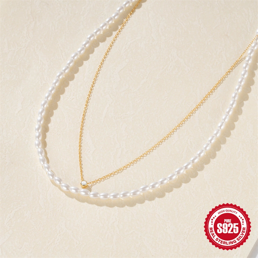 925 Sterling Silver Plastic Beads Zircon Beaded Chain cable chain Plating Geometric Double Layer Necklaces