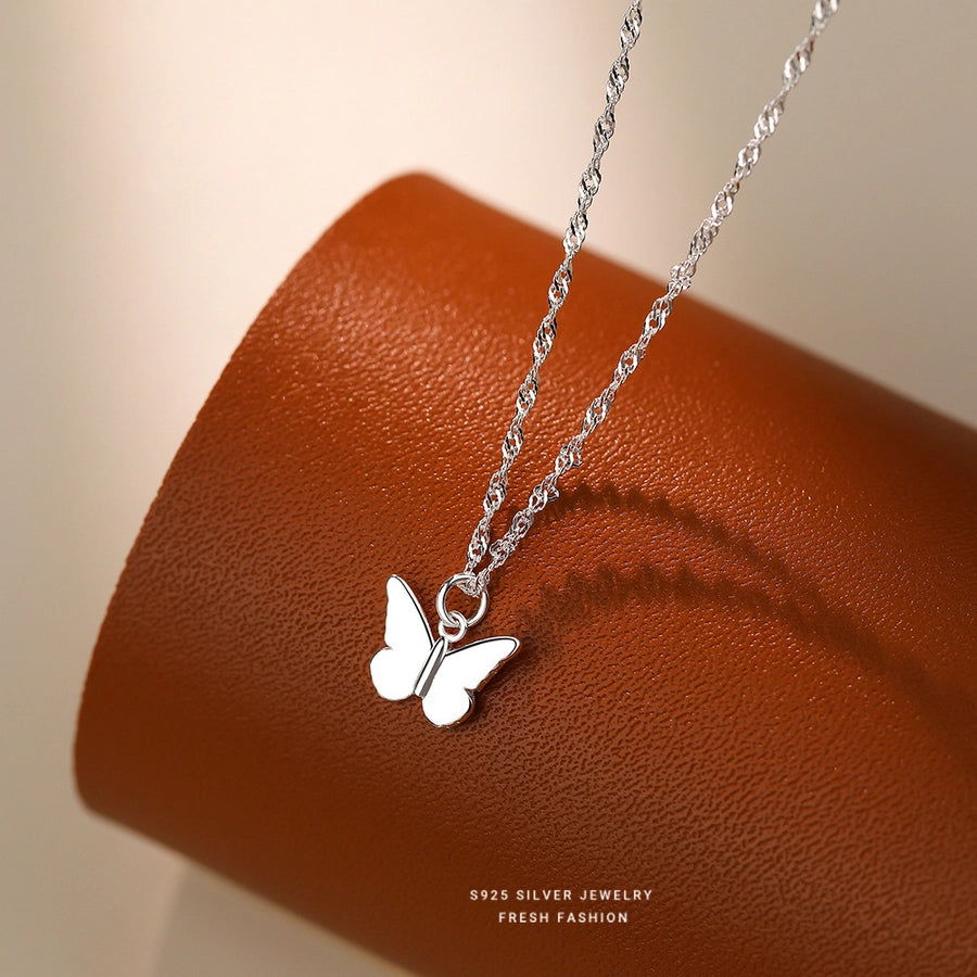 925 Sterling Silver Singapore chain Plating Butterfly Pendant Necklace