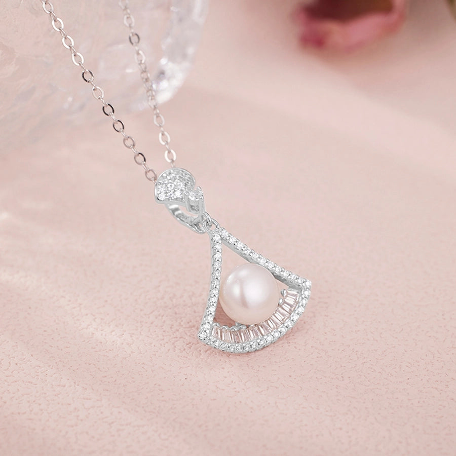 925 Sterling Silver Long-Lasting Plated Pearl Zircon cable chain Polishing Plating Inlay Geometric Sector Pendant Necklace