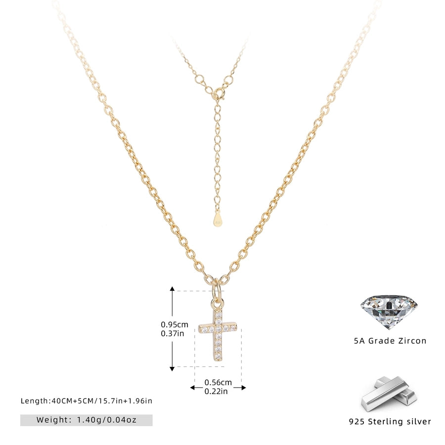 925 Sterling Silver 925 Sterling Silver Rack Plated Plated Long-Lasting Plated Zircon cable chain Inlay Cross Pendant Necklace